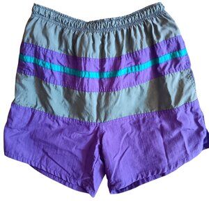 Small Vintage Nylon Swim Trunks Purple & Teal Stripes Colorblock Surf Odyssey